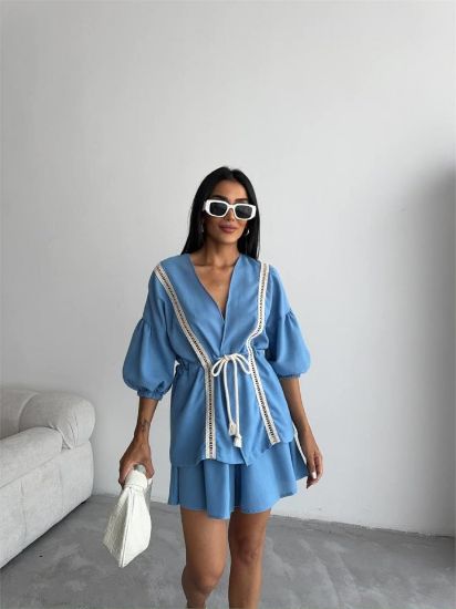KETEN BEL BÜZGÜLÜ BLUZ-PANTOLON TAKIM - Mavi resmi
